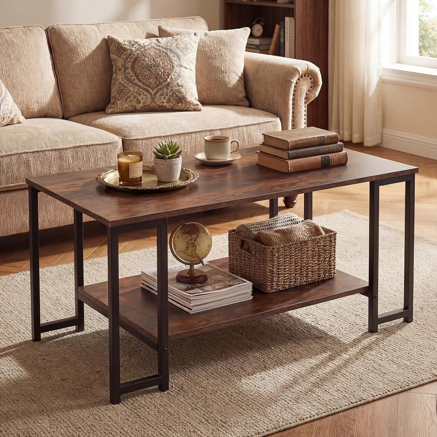 2-Tier Coffee Table with Storage, 39.5" Rectangular Center Table with ...