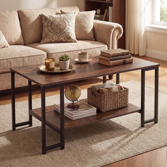 2-Tier Coffee Table with Storage, 39.5" Rectangular Center Table with Heavy-Duty Metal Frame, Modern Accent Cocktail Table, Living Room Tables for Small Spaces (Rustic Brown)