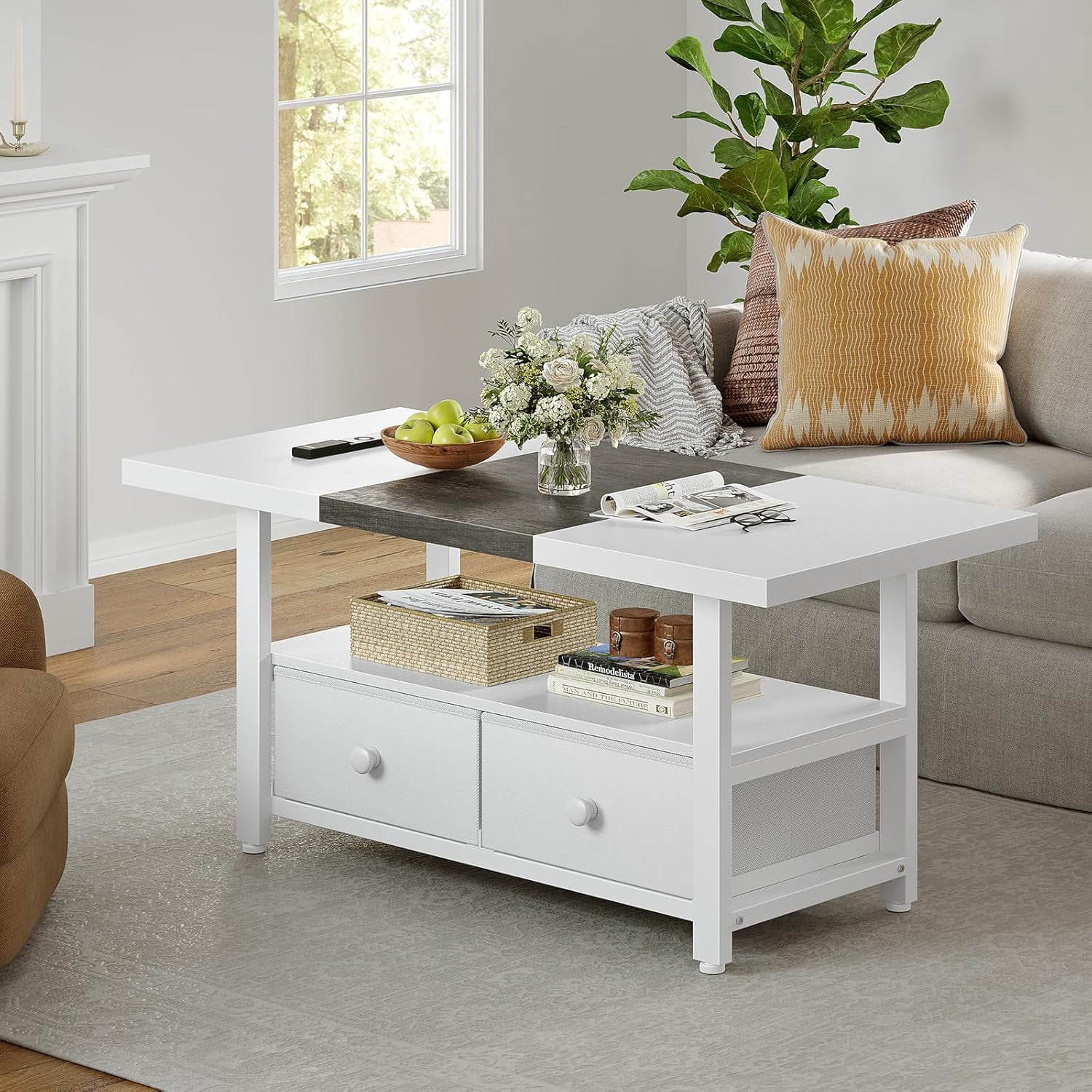 2-Tier Coffee Table with Storage Shelf and 2 Drawers, 46'' Rectangular ...