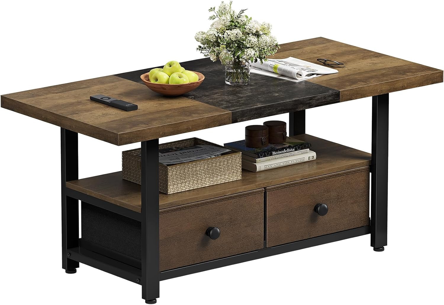 2-Tier Coffee Table with Storage Shelf and 2 Drawers, 46'' Rectangular ...