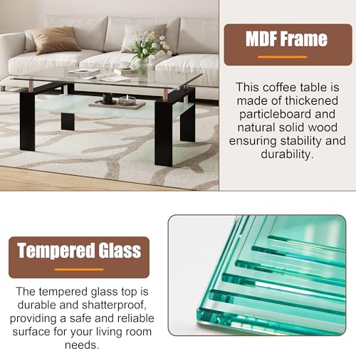 2-Tier Coffee Table with Tempered Glass Top and MDF Frame, Modern Black ...