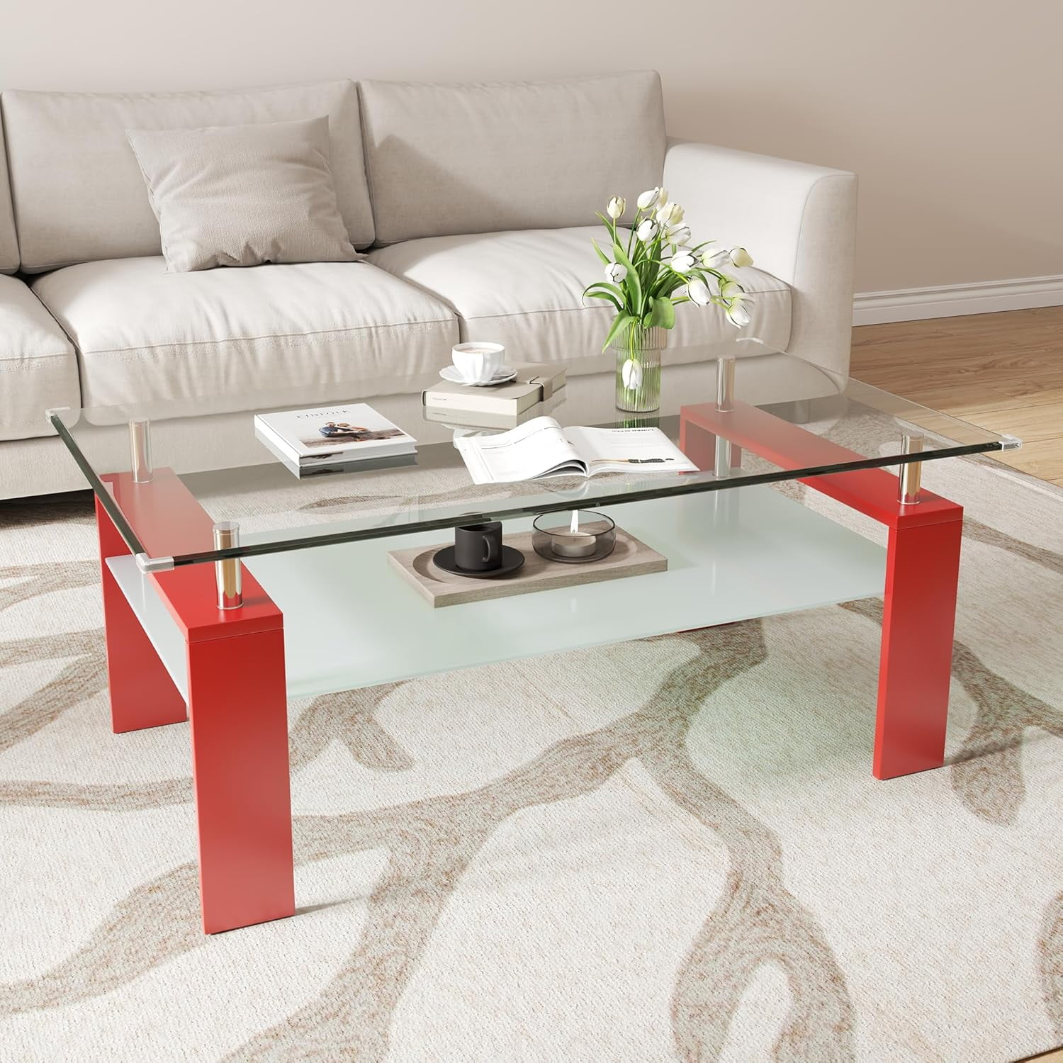 2-Tier Coffee Table with Tempered Glass Top and MDF Frame, Modern White ...