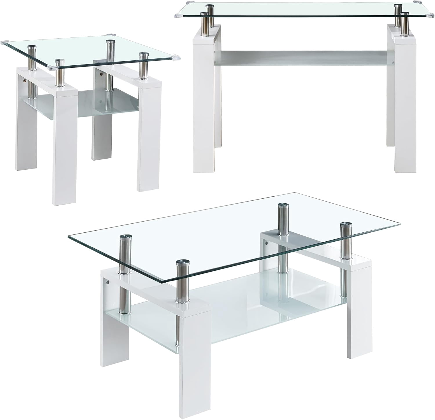 2-Tier Coffee Table with Tempered Glass Top and MDF Frame, Modern White ...