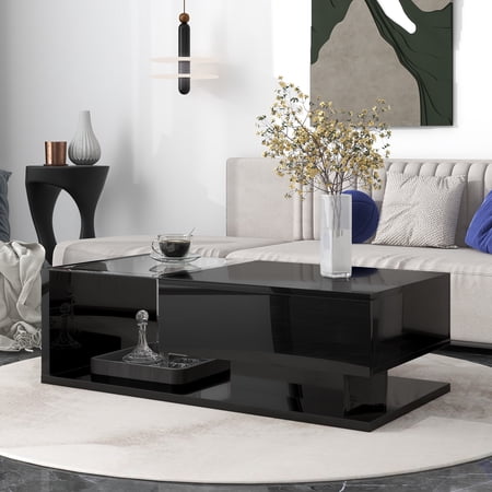 2-Tier Coffee Table, UV High-Gloss Coffee Table with Tempered Glass, Modern Center Coffee Table, Rectangle Cocktail Table, KAMIDA Coffee Table for Living Room Office, 39.3"L x 19.6"W x 12.7"H, Black