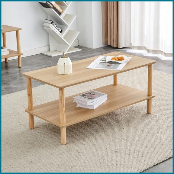 2-Tier Coffee Table for Living Room - MDF & Solid Wood, Easy-Clean, Open Storage, Stable Rubberwood Legs