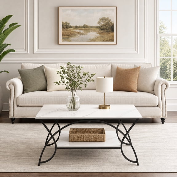 2-Tier Coffee Table with Faux Marble Top and Metal Frame,Center Table Cocktail Tea Table for Living Room,White& Black