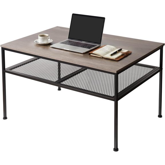 2-Tier Coffee Table with Iron-Mesh Storage Shelf Grey Oak Industrial Wood and Metal 35.4 In L x 23.6 In W