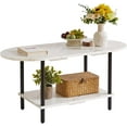 thumbnail image 1 of 2 Tier Coffee Table with Open Storage Shelf, Oval Wood Tea Table 17 inch high, Small Table for Small Space Apartment White Faux Marble + Black, 1 of 6