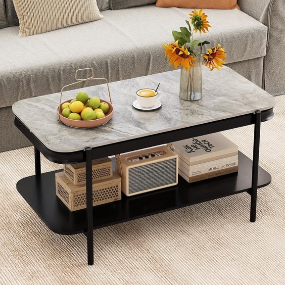 2-Tier Coffee Table with Storage, Faux Mable Center Table w/Sintered Stone Top, Accent Cocktail Table with Heavy-Duty Metal Frame