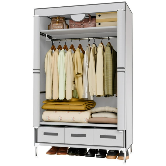 Portable Closet Wardrobe with 3 Storage Drawersfor Home Bedroom, 67 Inches Tall Closet Organizer with Hanging Space for Coats and Bags, turdy & Easy to Assemble, Off-White