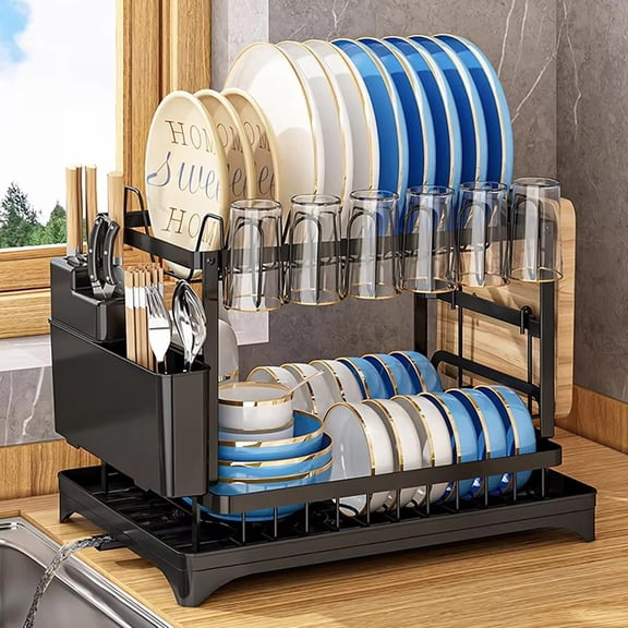 2-Tier Collapsible Dish Drying Rack, Utensil Holder and Cutting Board Stand, Kitchen Counter Organizer