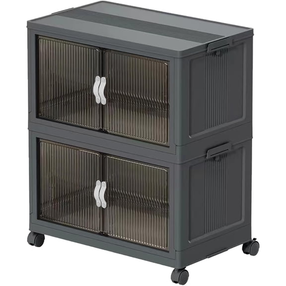 2-Tier Collapsible Stackable Plastic Storage Cabinet with Ribbed Transparent Front Doors & Rolling Casters, Dark Grey Foldable Organizer Bins for Clothes Decor Craft Garage Household Storage