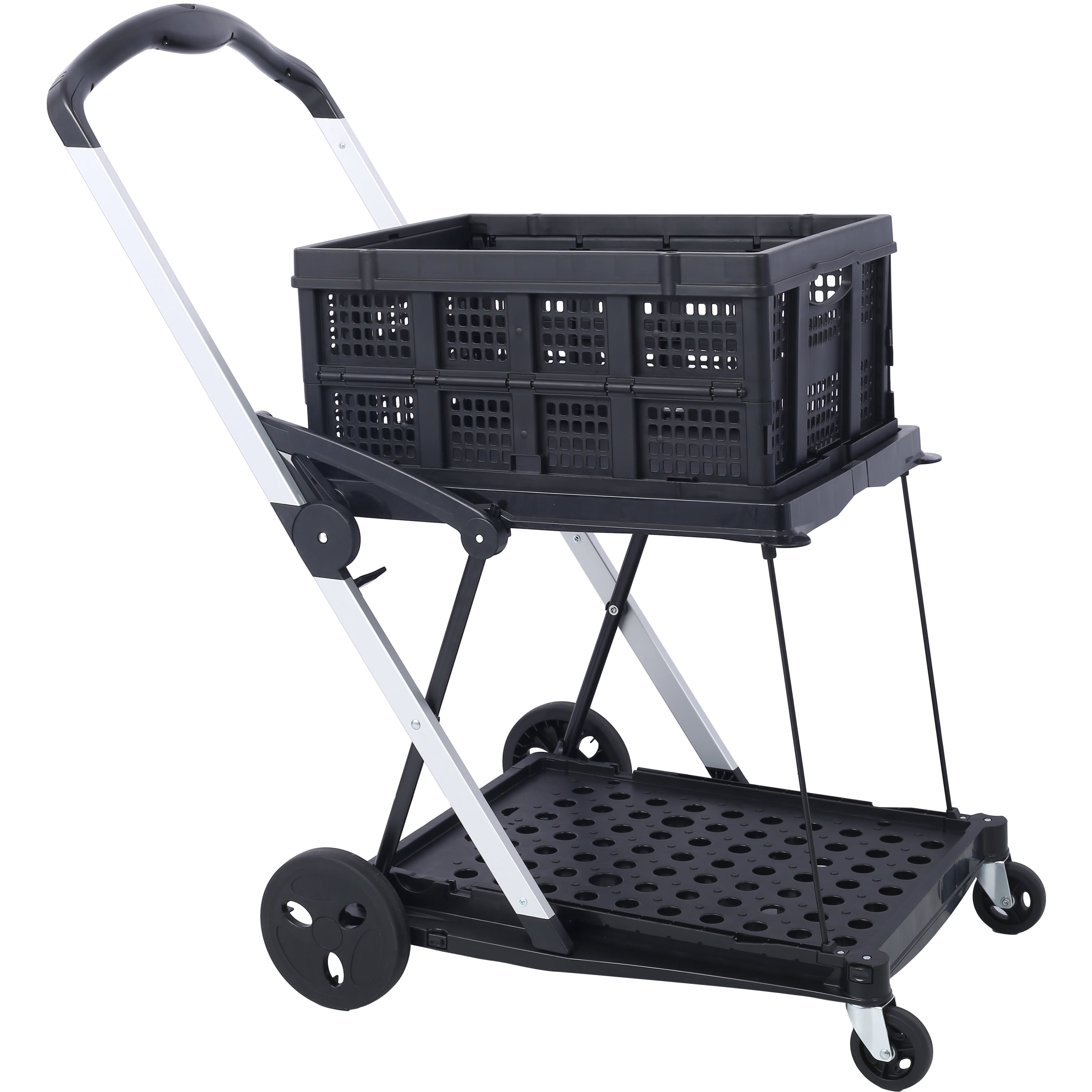 2-Tier Collapsible Utility Cart with Basket, Aluminum Steel Frame, 360° Swivel Wheels & Foot Brake, One-Hand Fold Portable Shopping Cart, Heavy Duty for Shopping Warehouse Home Office