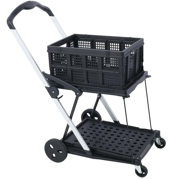 2-Tier Collapsible Utility Cart with Foldable Basket, 198lbs Capacity, 360 Swivel Wheels & Foot Brake, Multi-Use Shopping Cart for Grocery, Office, and Home (Black)
