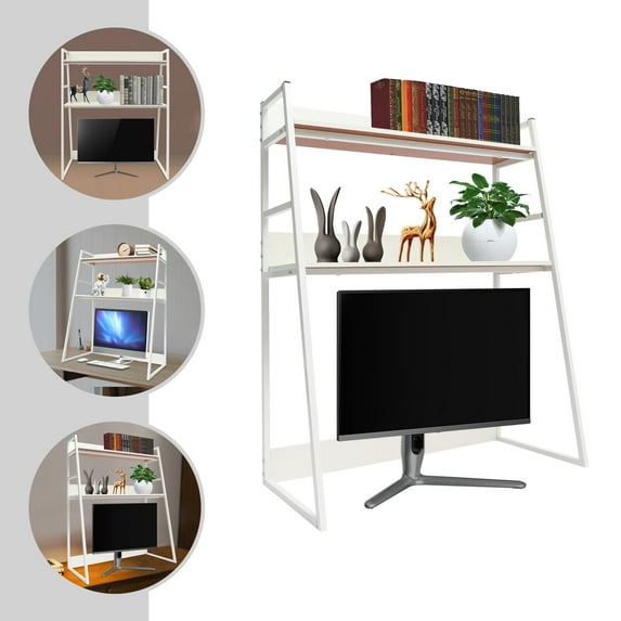 2-Tier Computer Desktop Bookcase, Desk Hutch, Multipurpose Countertop Storage Hutch, Triangular Desktop Bookshelf for Home Dorm Office, White