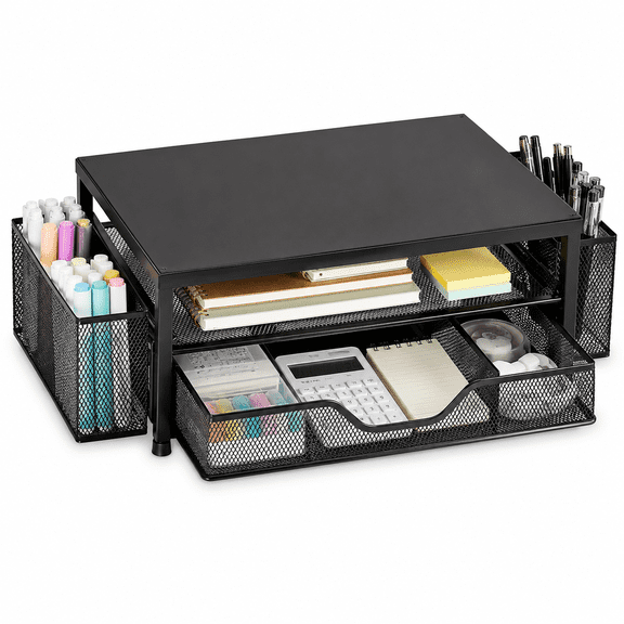 2-Tier Computer Monitor Stand Riser with Drawer and 2 Pen Holders, Metal Desk Organizer for Office Supplies, Laptop Stand for Home Office and Desktop Storage