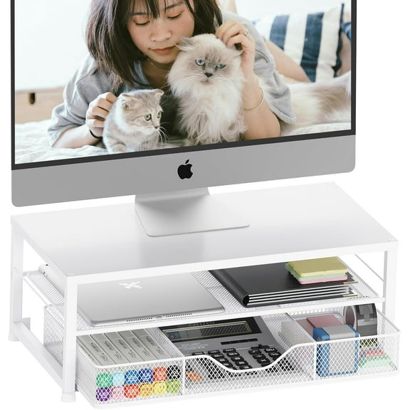 2-Tier Computer Monitor Stand Riser with Drawer, Desk Organizers and Accessories, Office Desk Accessories, Computer Monitor Accessories, Workspace Desktop Organizer for Office Supplies (White)