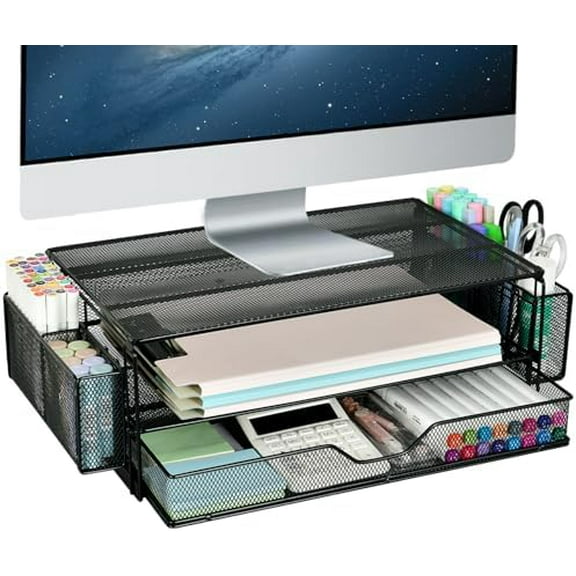 2 Tier Computer Monitor Stands with Drawer and 2 Pencil Holder, Metal Monitor Stand Monitor riser, Computer Desk Organizer and Accessories for Laptop, Computer, Printer, Office Supplies(Black)
