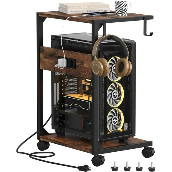 2 Tier Computer Tower Stand with Charging Station, 11.8" D x 16.5" W Rolling Floor PC Fits Under Desk, CPU Holder Cart for Carpet Hooks, C Shaped End Table Home Office