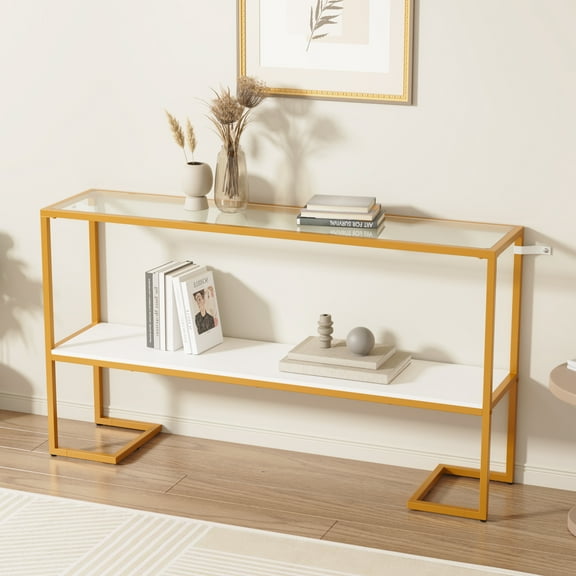 2-Tier Console Sofa Table,&nbsp;52" Modern Entryway Table,&nbsp;Open Shelf with Tempered Glass, Metal Frame Behind Couch Table with Gold Metal Frame for Living Room Hallway Entrance, White