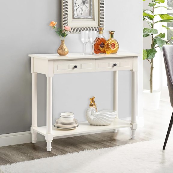 2-Tier Console Table with 2 Drawers Console Tables for Entryway, Sofa Table with Storage Shelves, Entryway Table Behind Sofa Couch, for Living Room, Kitchen, Cream White