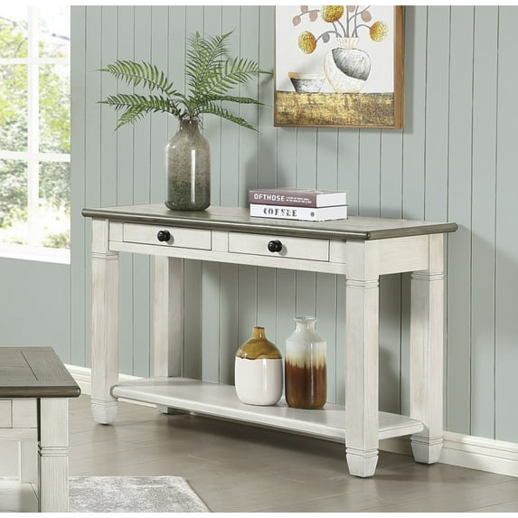 2-Tier Console Table with 2 Drawers, Rosy Brown and Antique White Finish Cocktail Table, Sofa Side Table with Bottom Open Storage Shelf for Living Room, Kitchen, Antique White