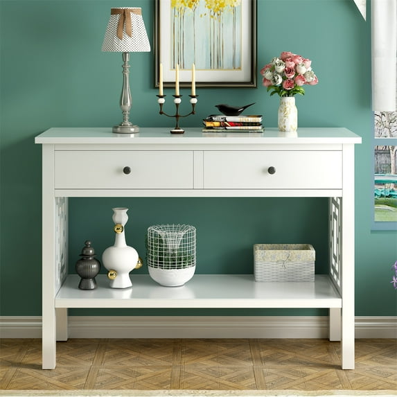 2-Tier Console Table with Drawer, 42" Solid Wood Console Table Sofa Table for Living Room, Entryway Table with Storage Opening Shelf, Narrow Corner Tables for Small Spaces, White