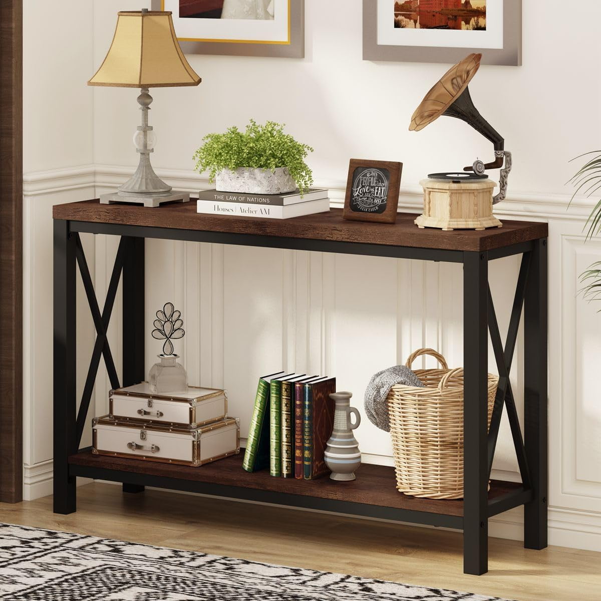 2 Tier Console Table for Entryway, Metal Wood Sofa Table Behind Couch ...
