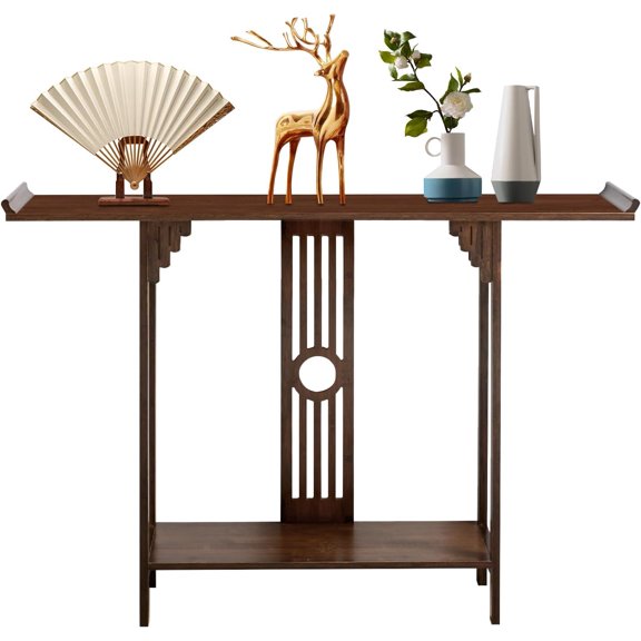 2-Tier Console Table Entryway Table with Storage, Espresso Bamboo Narrow Sofa Table for Entryway, Living Room, Hallway