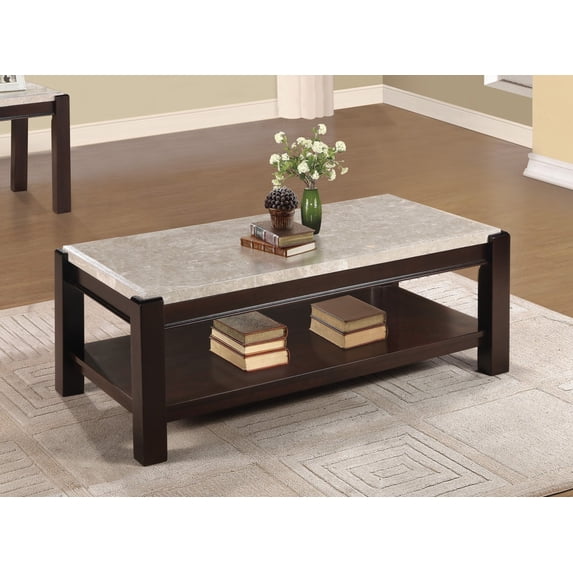 2-Tier Console Table with Genuine Marble Top, Dark Cherry Finish Cocktail Table with Wood Frame, Sofa Side Table with Bottom Open Storage Shelf for Living Room, Kitchen, Cherry