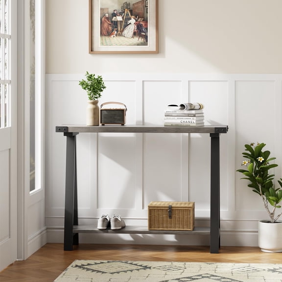 2-Tier Console Table with Storage, Farmhouse 43.3" Entryway Table with Metal Frame and MDF, Narrow Sofa Table Behind the Couch for Hallway, Bedroom, Living Room