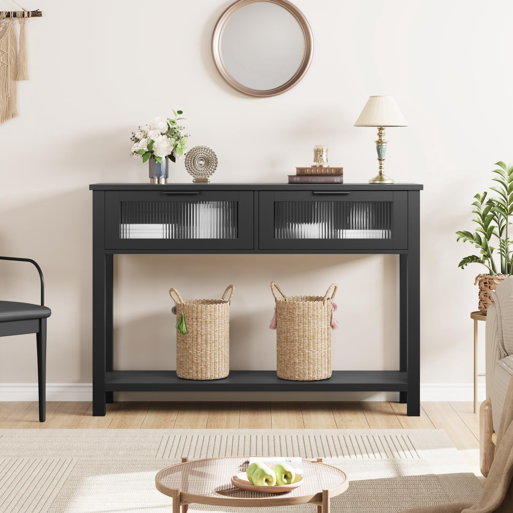 2-Tier Console Table with Glass Drawers – Narrow Sofa Side Table for Entryway, Living Room, Hallway – Modern Storage Shelf, Farmhouse Accent, black