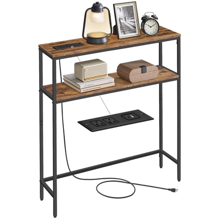 2-Tier Console Table with Power Outlet - Narrow Sofa Table with 2 Shelves, Built-in USB Ports, for Living Room/Entryway, Rustic Brown