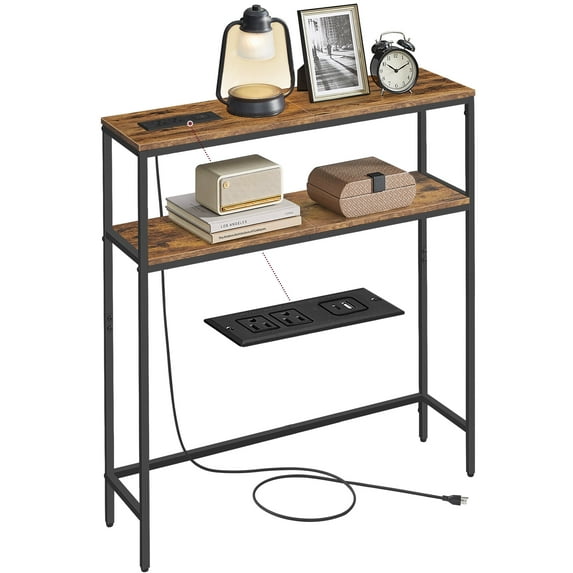 2-Tier Console Table with Power Outlet - Narrow Sofa Table with 2 Shelves, Built-in USB Ports, for Living Room/Entryway, Rustic Brown