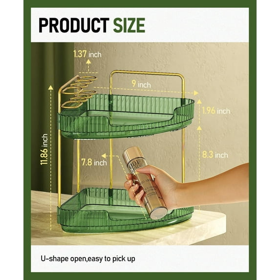 2-Tier Corner Bathroom Counter Organizer, Acrylic Vanity Shelf with Tool-Free Installation, Green