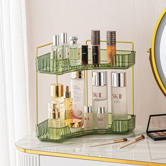 2-Tier Corner Bathroom Counter Organizer, Bathroom Countertop Perfume Tray and Vanity Organizer, Makeup Cosmetic Storage, Corner Storage Organizers for Bathroom, Kitchen, Dresser (Green)