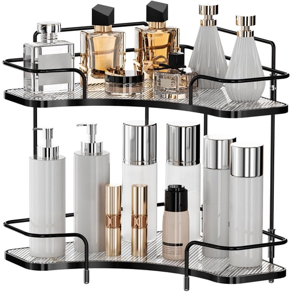 2 Tier Corner Bathroom Counter Organizer, Cosmetic Skincare Organizer, Bathroom Countertop Perfume Tray Vanity Organizer, Kitchen Spice Corner Storage Shelf