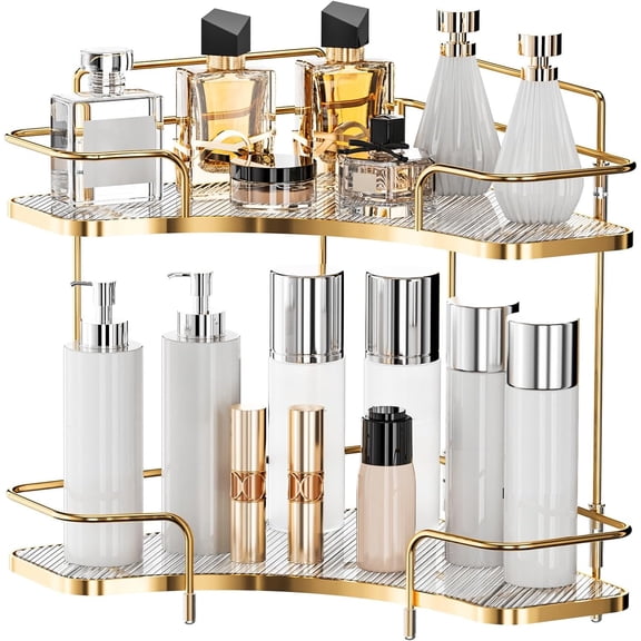 2 Tier Corner Bathroom Counter Organizer, Cosmetic Skincare Organizer, Bathroom Countertop Perfume Tray Vanity Organizer, Kitchen Spice Corner Storage Shelf