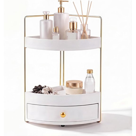 2-Tier Corner Bathroom Counter Organizer with Drawer Wood Vanity Countertop Shelf for Skincare, Makeup, Perfume and Toiletry Storage, Space-saving Sink Organizer, White & Gold