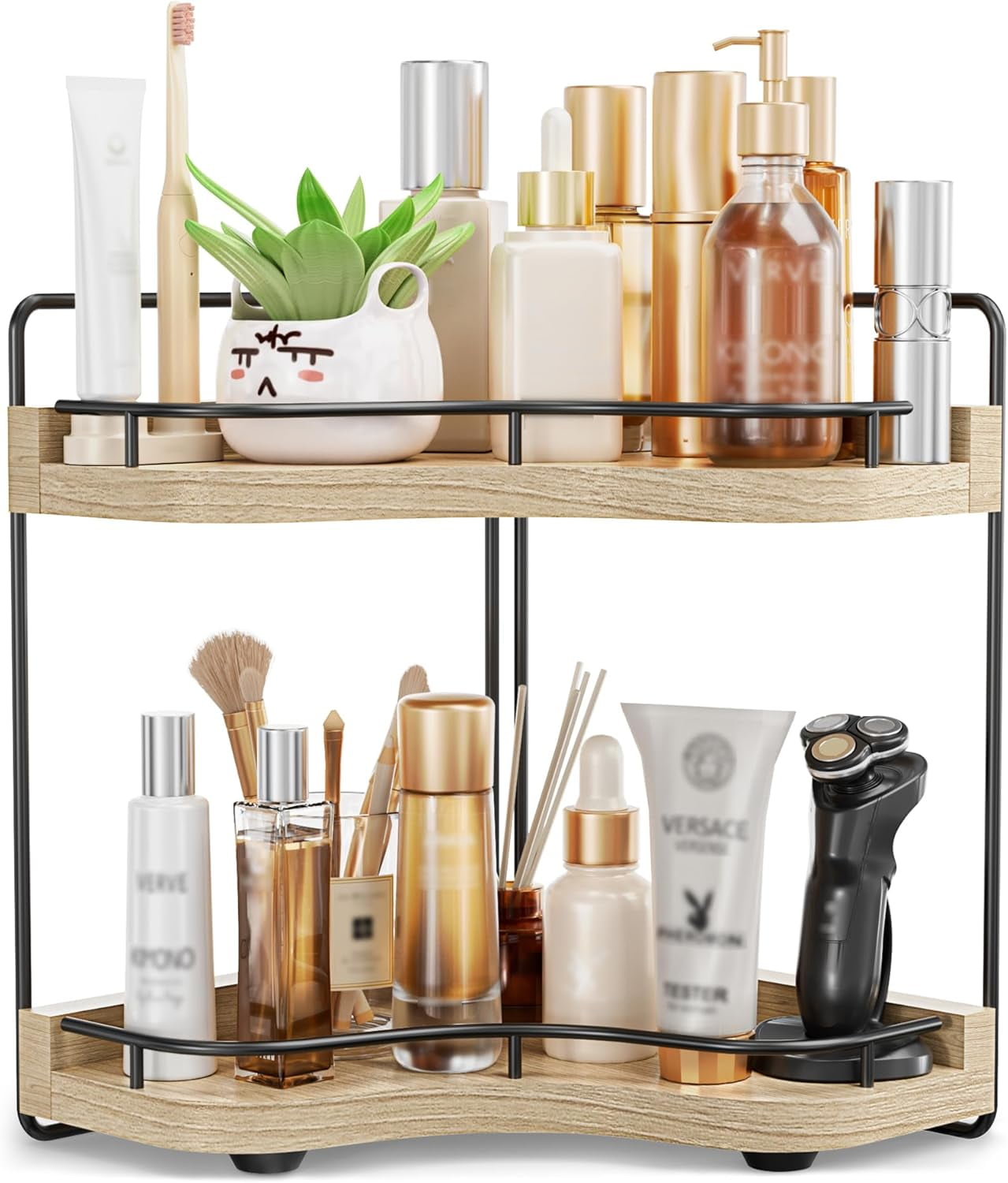JDNRXO 2-Tier Corner Bathroom Counter Organizer with Embedded Screw Holes, Secure & Stable Wood Vanity Shelf for Makeup and Skincare Essentials - Space Saving Bathroom Organization  Storage
