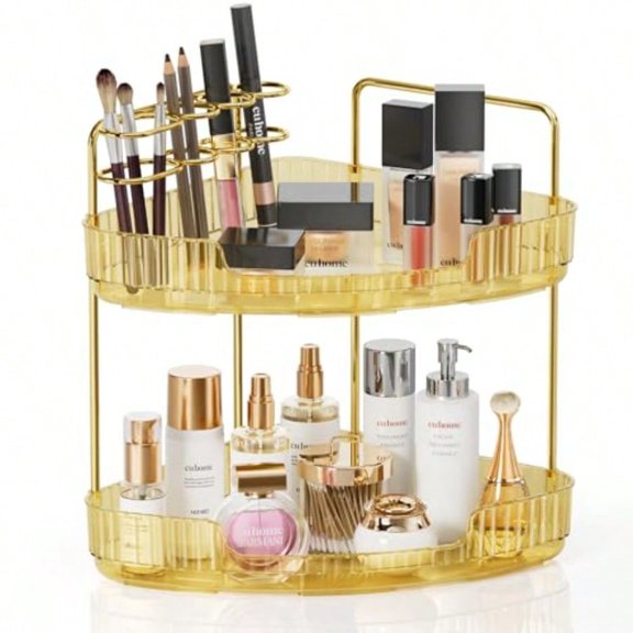 2-Tier Corner Bathroom Counter Organizer Makeup Cosmetic Storage Tool-Free Installation Acrylic Vanity Shelf Skin Care Organizer Perfume Tray for Countertop Bathroom Dresser Kitchen Gold