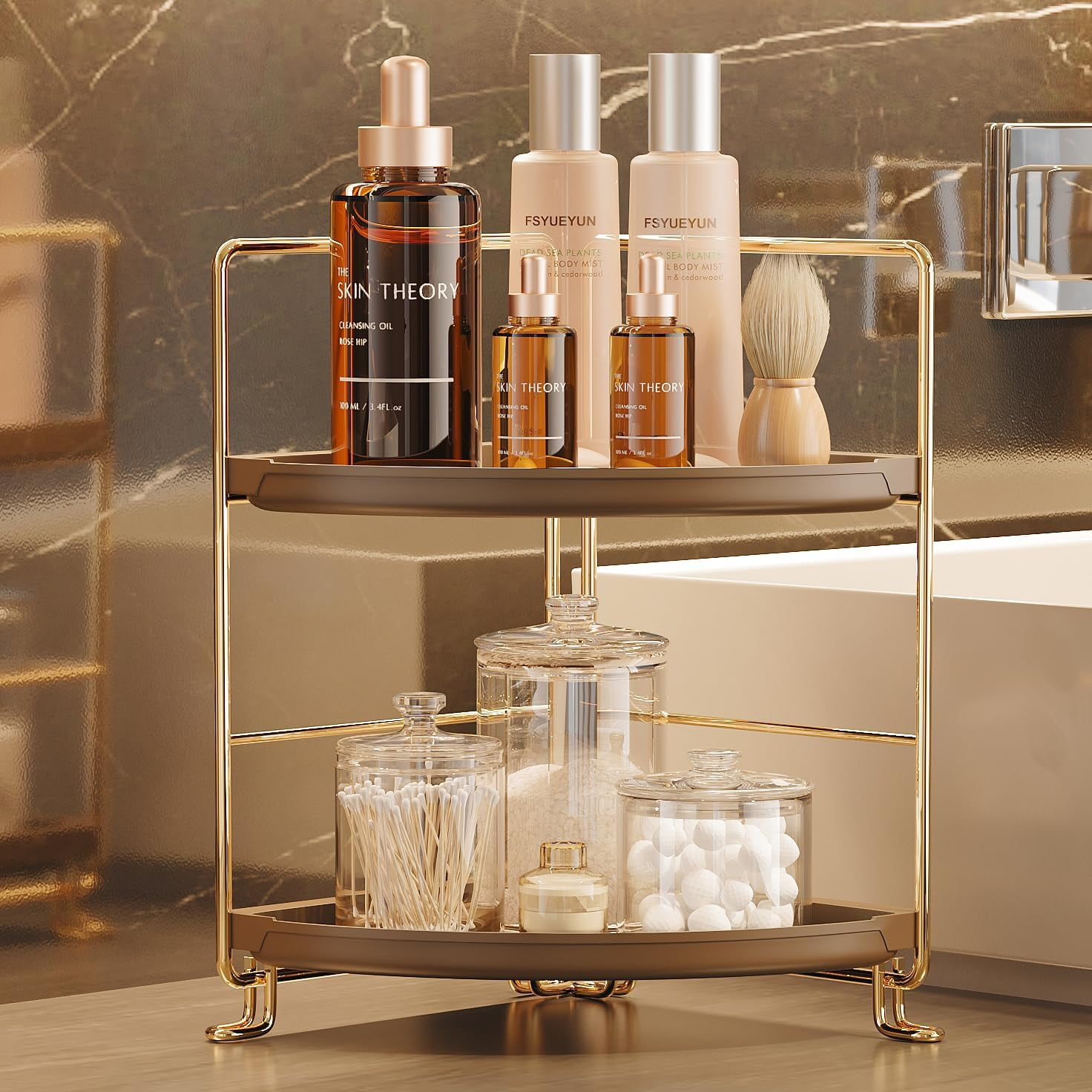 2-Tier Corner Bathroom Counter Organizer, Tool-Less Installation Corner ...