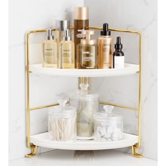 2-Tier Corner Bathroom Counter Organizer, Tool-Less Installation Vanity Shelf Small Plastics Countertop Makeup Tray Skincare Perfume Organizers (Gold)