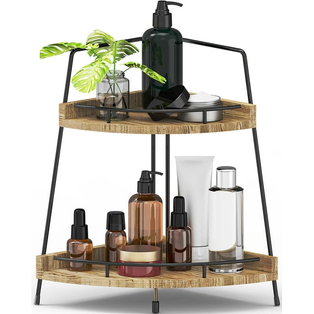 2Tier Corner Bathroom Counter Organizer, Wood Skincare Organizers