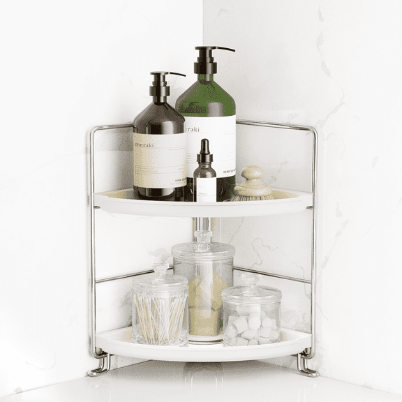 2-Tier Corner Bathroom Countertop Organizer,Vanity Makeup Skincare Cosmetics Shelf or Kitchen Spice Rack (Silver)