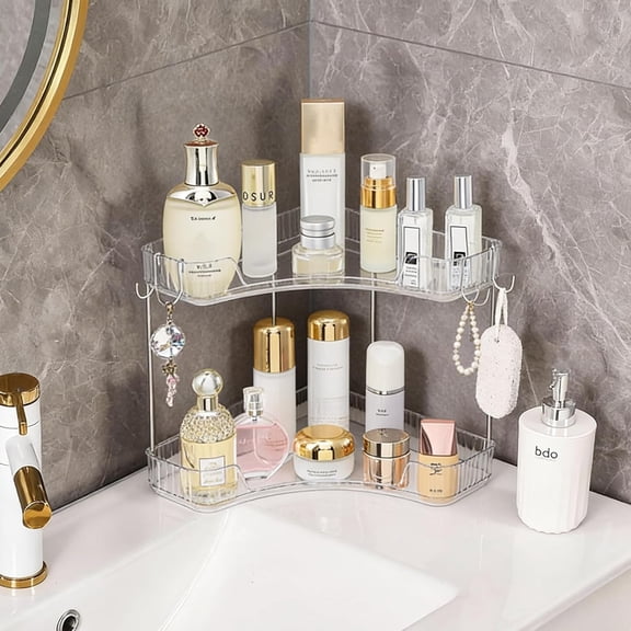 2-Tier Corner Bathroom Organizer Countertop with Hooks, Bathroom Sink Corner Storage for Makeup, Skincare and Perfume (White )