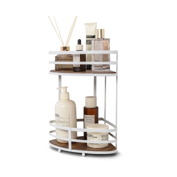 Acento 2-Tier Corner Countertop Caddy with Acacia Wood Accents in Matte White