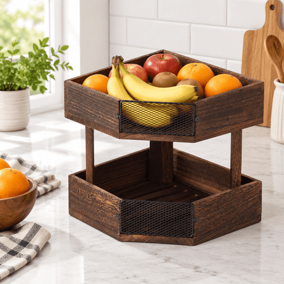 2 Tier Corner Fruit Basket, Wooden Farmhouse Vegetable Stand for Kitchen Countertop, Onion Potato Storage