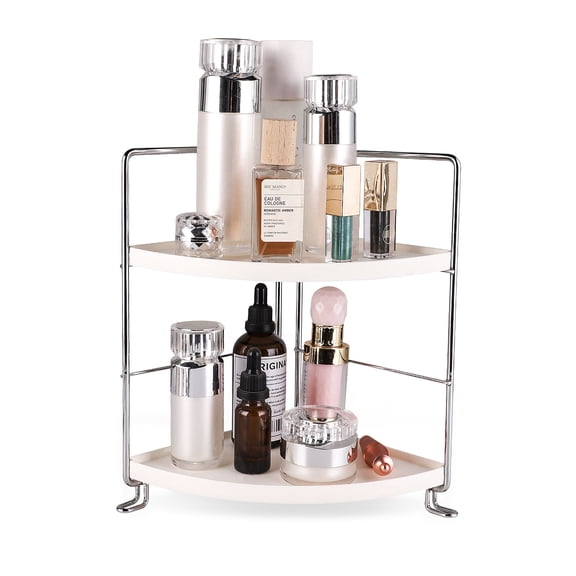 2-Tier Corner Shelf Bathroom Small Bathroom Shelf Save Space, Easy to Assemble Bathroom Corner Organizer, Vanity Tray Cosmetic & Makeup & Kitchen Storage Silver