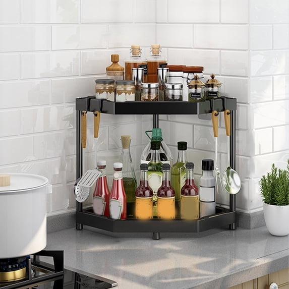 2-Tier Corner Shelf Plastic Spice Rack Storage Organizer for Kitchen Bathroom Countertop, Black